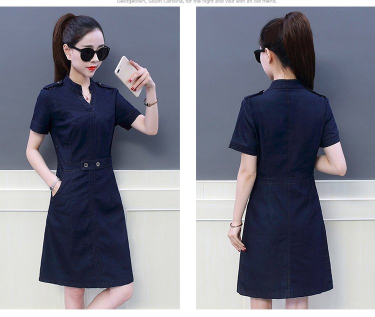 ĐẦM JEAN FORM A CỔ V ĐAI EO ĐÍNH NÚT - NJ2898